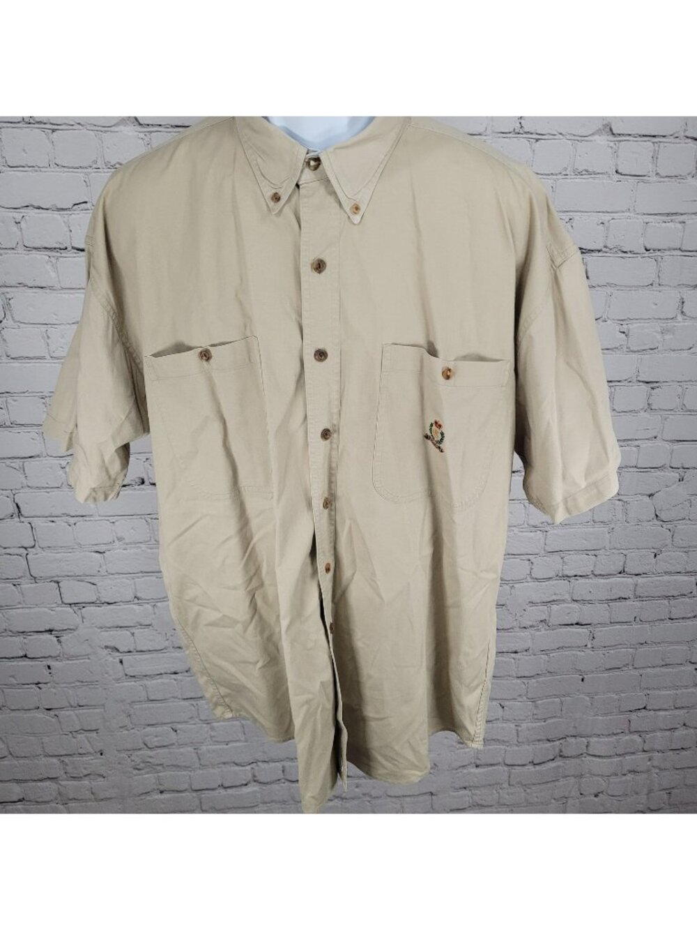 VTG Chaps Ralph Lauren Beige Button Down Collar Short Sleeve Shirt Size Large L